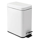 mDesign Small Modern 1.3 Gallon Rectangle Metal Lidded Step Trash Can, Compact Garbage Bin with Removable Liner Bucket and Handle for Bathroom, Kitchen, Craft Room, Office, Garage - White