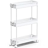 SPACEKEEPER Slim Rolling Storage Cart, Laundry Room Organization, 3 Tier Mobile Shelving Unit Bathroom Organizer Utility Cart for Kitchen, Narrow Places(White)