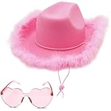 4E's Novelty Pink Cowboy Hat with feathers With Heart Shaped Sunglasses for Women, Pink Cowgirl Hat for Women Party Dress Up (Pink)