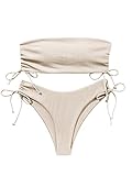 MakeMeChic Women's 2 Piece Bandeau Swimsuits Tie Side Ribbed Bikini Set Tankini Apricot S