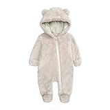 Baby Boys Girls One Piece Romper Cute Cartoon Bear Pattern Snowsuit Warm Winter Fleece Hooded Jumpsuit for 0-3 Month Baby Beige