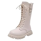JEUROT Girl's Knee High Boots Lace Up Side Zipper Combat Boots Faux Leather Non Slip Riding Boots Lug Sole Chunky Heels Shoes (White, 13 Little Child)