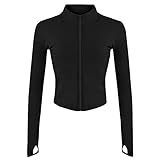 Gihuo Women's Athletic Full Zip Lightweight Workout Jacket with Thumb Holes（Black-S）