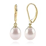PAVOI 14K Yellow Gold Plated Freshwater Cultured Pearl Earrings Leverback Dangle Studs - Handpicked AAA Quality 6mm