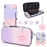 DLseego Pink and Purple Switch Case Set Gradient Carrying Case with 10 Slots Cute Protective Dockable Hard Shell with 4PCS Glitter Cat Paw Thumb Grips Caps and 1PC Flower Blossom Chain For Switch 2017