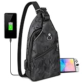 Sling Crossbody Backpack for Nintendo Switch/Lite/OLED, Portable Waterproof Shoulder Chest Carrying Travel Bag for NS Console Dock Joy-Cons & Accessories Storage for Men, USB Charging Port, Black