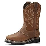 HISEA Men's Western Cowboy Boots,Square Toe Steel Toe Work Boots,Men's Safety Toe Leather Work Boots Brown Size 11