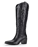 Pasuot Western Cowboy Boots for Women - Black Knee High Wide Calf Cowgirl Boots with Western Embroidered, Slip On Pointed Toe Chunky Heel Fashion Retro Classic Pull On Tall Boot for Ladies Size 8.5