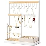 Jewelry Organizer Stand with Velvet Ring Holder, 4 Tier Jewelry Tower with 15 Hooks Necklace Organizer and Watch Bracket Holder, Jewelry Stand with 16 Holes for Earring Organizer Holder, White