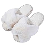 Evshine Women's Fuzzy Slippers Cross Band Memory Foam House Slippers Open Toe, White,Size 8.5-9.5