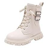 JEUROT Combat Boots for Girls Faux Leather Motorcycle Riding Boots Lace-Up Zipper Mid Calf Winter Boots Side Zipper Ankle Booties for Toddler/Little Kid/Big Kid (White, 11 Little Child)