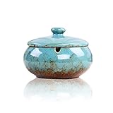 Lependor Ceramic Ashtray with Lids, Windproof, Cigarette Ashtray for Indoor or Outdoor Use，Ash Holder for Smokers,Desktop Smoking Ash Tray for Home Office Decoration - Blue