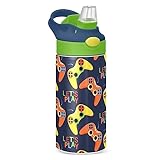 Video Joystick Game Dark Black Kids Water Bottle with Silicone Straw for Girls Boys Abstract Toddlers Insulated Stainless Steel with Straw Lid BPA-Free Duck Mouth Leakproof Tumbler 12 oz