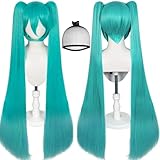 JoneTing 120CM/47inches Green Wig【+Wig Cap】 Long Green Wig with 2 Ponytails for Women Long Straight Wigs with Bangs Green Wigs for Cosplay Wig Synthetic Hair for Halloween Christmas Party