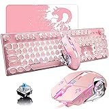 Pink Typewriter Keyboard and Mouse,Retro Vintage Mechanical Gaming Keyboard with White LED Backlit,104 Keys Anti-Ghosting Blue Switch Wired Cute Keyboard,Round Keycaps for Desktop PC/Laptop Mac