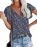 Casual Tops for Women Summer Short Sleeve V Neck Bohemian Ditsy Floral Shirts (Navy Blue,XL)