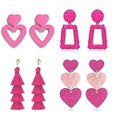PNYFIL 4PCS Pink Heart Earrings Hot Pink Earrings for Women Lover Earrings Magenta Earrings Rectangle Dangle Earrings Tassel Earrings for Women Lightweight Statement Jewelry