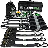 Rhino USA Ratchet Tie Down Straps (4PK) - 1,823lb Guaranteed Max Break Strength, Includes (4) Premium 1' x 15' Rachet Tie Downs with Padded Handles. Best for Moving, Securing Cargo (Black 4-Pack)