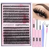 FANXITON DIY Lash Extension Kit Volume Lash Clusters 40D+50D D Curl Individual Lashes Lash Clusters Kit Thick Eyelash Extension Kit 280 pcs Thin Band Cluster Lashes Lash Bond and Seal Lash Tweezers