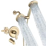 POP SANITARYWARE Tub Shower Faucet Set Brushed Gold Bathroom Dual 2 in 1 Shower Head System with Handheld, 3-way Water Diverter Shower Trim Kit with Valve