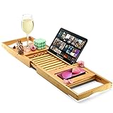 Luxury Bathtub Tray Caddy - Foldable Waterproof Bath Tray & Bath Caddy - Wooden Tub Organizer & Holder for Wine, Book, Soap, Phone Luxury Gift For Men & Women - Expandable Size, Fits Most Tubs Home It