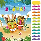 Pin The Feather on The Tiki Party Games - Hawaiian Luau Party Supplies for Kids Boys 21’’ x 28’’ Aloha Poster with 24 Pcs Stickers for Birthday Baby Shower Summer Tropical Beach Pool Activities