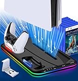 DINOSTRIKE PS5 Cooling Station with RGB Light, PS5 Stand with Cooling Fan for PS5 Disc&Digital Editions Dual Controllers Charger Station, PS5 Accessories for PS5 Console Headset Holder, 6 Game Slots