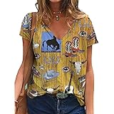 Mayntop Women Retro Indian Native American Ethnic Western Cowboy Horse Boot Guitar Hat Southwestern Tribal Pattern V-Neck Short Sleeve Loose Top T-Shirt Graphic Tee C Guitar Yellow M