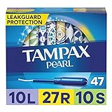 Tampax Pearl Tampons Multipack, Light/Regular/Super Absorbency, With Leakguard Braid, Unscented, 47 Count