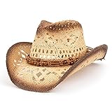 TOVOSO Straw Cowboy Hat for Women and Men with Shape-It Brim, Western Cowboy Hat, Brown/Beads - Tea Stain