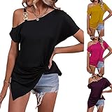 Mayntop Women Cut-Out One Shoulder Asymmetrical Metal Buckle Strap Batwing Summer Top Solid Color Plain Short Sleeve Sexy T-Shirt Blouse A Black 3XL