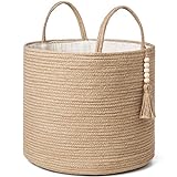 Mkono Woven Storage Basket Decorative Rope Basket Wooden Bead Decoration for Blankets,Toys,Clothes,Shoes,Plant Organizer Bin with Handles Living Room Home Decor, Jute, 16' W × 13.8'L