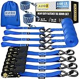 AUGO Ratchet Tie Down Straps –4 PK– 15 FT – 2,200 LB Break Strength – Safety Lock S Hooks –for Moving Cargo, Appliances, Lawn Equipment, Motorcycle – Includes 2 Bungee Cords, 4 Soft Loops, Storage Bag