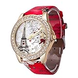Women's Wrist Watch Vintage Paris Eiffel Tower Crystal Leather Quartz Wristwatch Best Gift (Red -1)