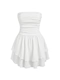 CIDER Women's Summer Cocktail Dress - Tube Ruched Ruffle Mini Dress: White, M
