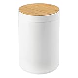 mDesign Plastic Round Trash Can Small Wastebasket - Garbage Bin Container with Swing-Close Lid - Bathroom Garbage Basket - Holds Waste, Recycling - 1.3 Gallon - Basa Collection - White/Natural