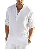 COOFANDY Men Premium Henley Neck Linen Shirts Casual Long Sleeve Basic Shirts,White,Large, White, Large