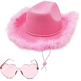 4E's Novelty Pink Cowboy Hat with feathers With Heart Shaped Sunglasses for Women, Pink Cowgirl Hat for Women Party Dress Up (Pink)