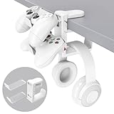 EURPMASK 2-in-1 PC Gaming Headphone & Controller Holder,Headphones Hanger with Adjustable & Rotating Arm Clamp,Under Desk Design,Universal Headset and Controllers,Built in Cable Clip Organizer,White