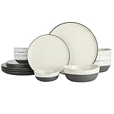 Gibson Elite Rhinebeck Double Bowl Dinnerware Set, Service for 4 (16pcs), White and Black