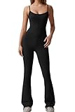 QINSEN Black Jumpsuit for Women Sleeveless Sexy Backless Stretch Flare Leggings Romper Unitard S