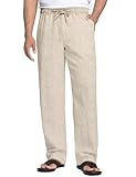 COOFANDY Men's Linen Cotton Pants Drawstring Waist Modern Waistband Trousers (Khaki, L)