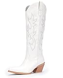 Pasuot White Cowboy Boots for Women - Wide Calf Cowgirl Knee High Western Boots with Side Zip and Embroidered, Pointed Toe Chunky Heel Retro Classic Tall Boot Pull On for Ladies Fall Winter Size 8