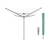 Brabantia Lift-O-Matic Outdoor 4 Arm Clothesline (197 ft/Ø 1.8') Height Adjustable, Folding Clothes Drying Rack + Ground Spike & Cover (Gray)