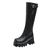 Fullwei Cute Boots for Women,Women Thigh High Leather Chelse-a Chunky Round Toe Platform Heel Ladies Cute Belt Buckle Side Zip Casual Long Boots Knee Boots (Black, 8)