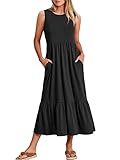 ANRABESS Women's Casual Summer Sleeveless Ruffle Sundress Round Neck A-Line Pleated Maxi Dress with Pockets 499heise-XL Black