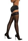 DORALLURE Thigh High Stockings Silicone Lace Top Stay Up Silky Semi Sheer Pantyhose for Women Hold Up Nylon,Black