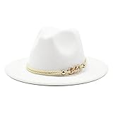 Gossifan Lady Fashion Wide Brim Felt Fedora Panama Hat with Ring Belt A-White