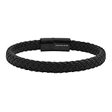 Geoffrey Beene Men's Braided Genuine Leather Bracelet with Stainless Steel Closure, Black