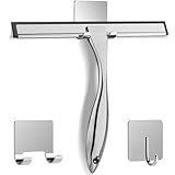 All-Purpose Stainless Steel Shower Squeegee for Shower Glass Door with 2 Adhesive Hooks, Bathroom Cleaner Tool Household Window Mirror Squeegee , Cleaning Tile Wall, Car, 10 Inch Silver